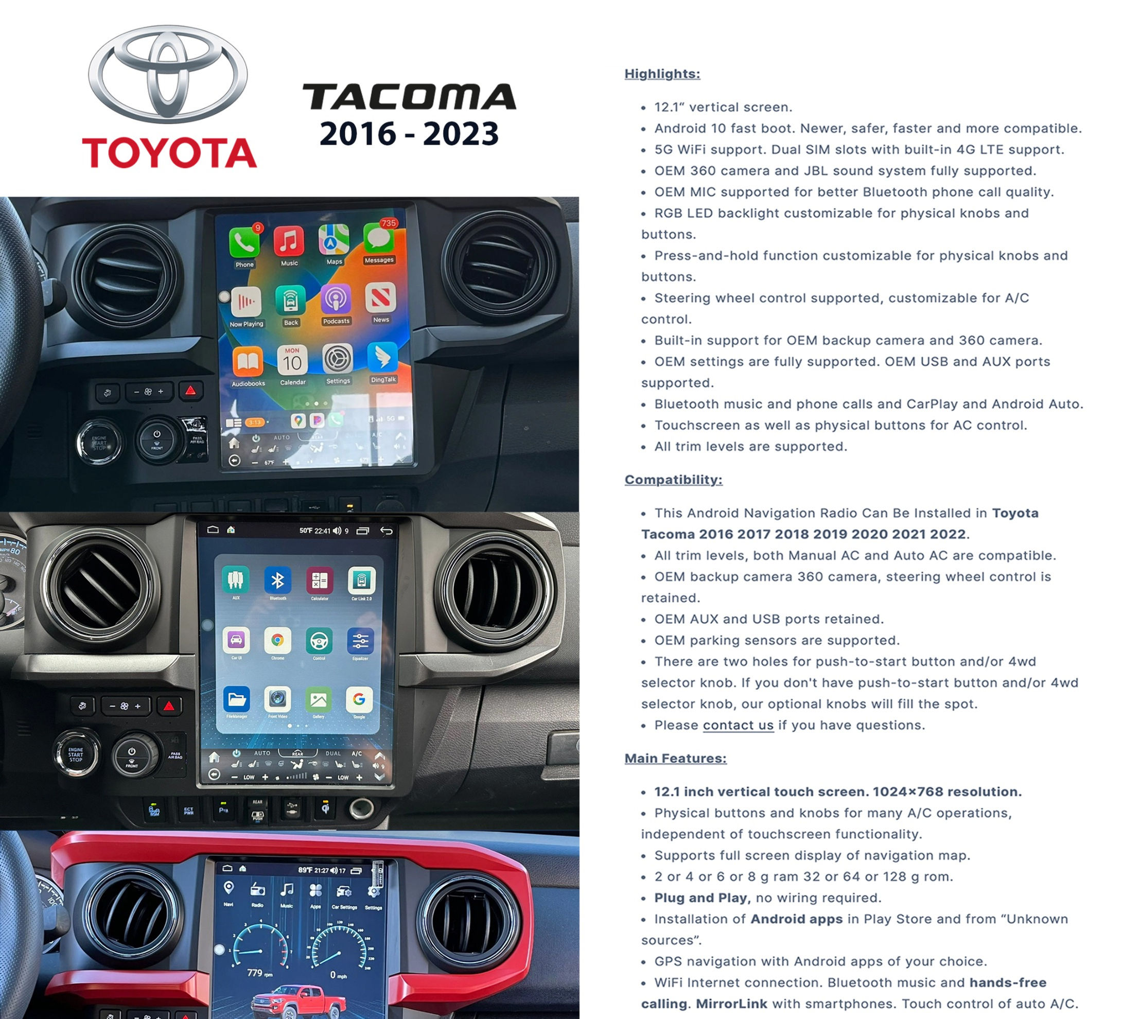 12.1 Android Vertical Screen Navigation Radio for Toyota Tacoma 2016-2023