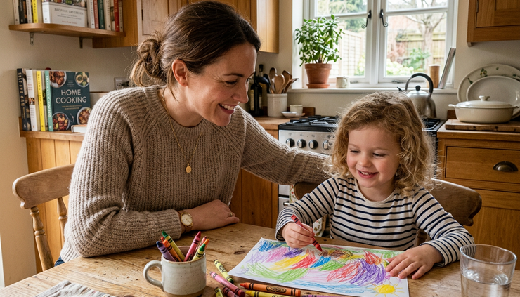 Close up view of a parent giving gentle praise to a young child at a kitchen table