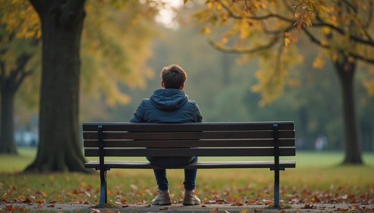 Eye-level view of a teenager sitting alone on a park bench looking thoughtful