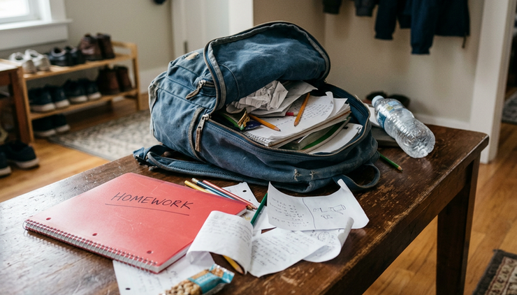 Close-up view of a backpack with scattered papers and a forgotten assignment folder