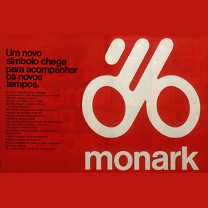 Post em fundo vermelho da Bicicletas Monark SA com novo símbolo/logo, título de "Um novo símbolo chega para acompanhar os novos tempos" e texto em sobre novos tempos.