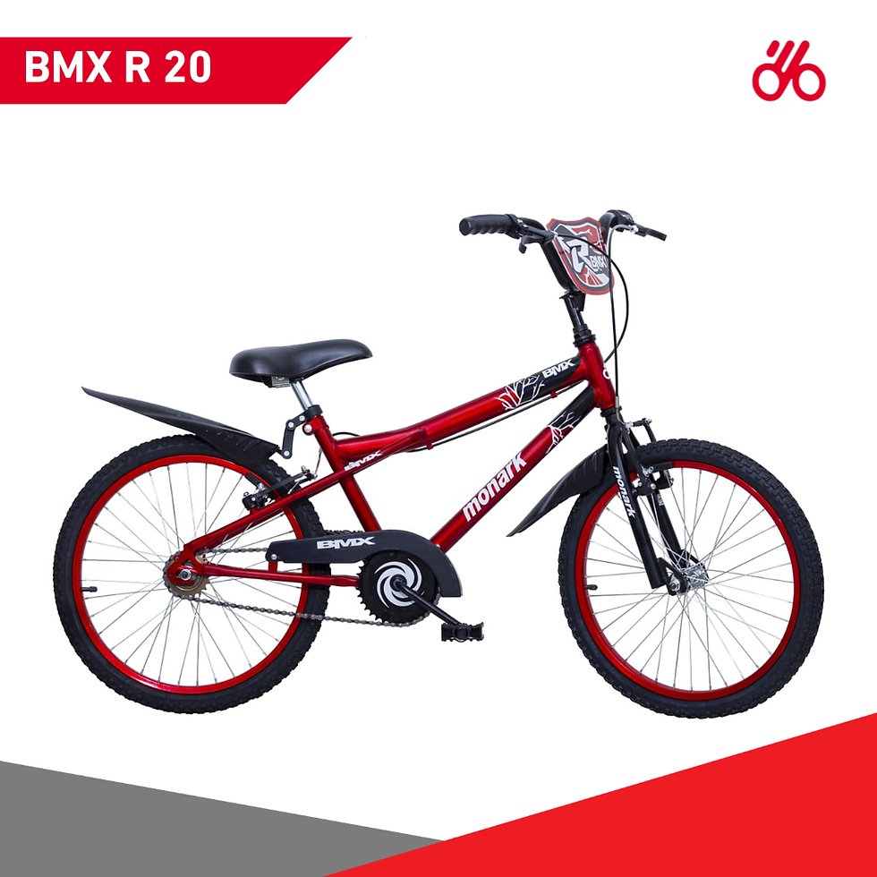 Bicicleta Monark BMX R 20 vermelha, em fundo branco, com texto BMX R 20.