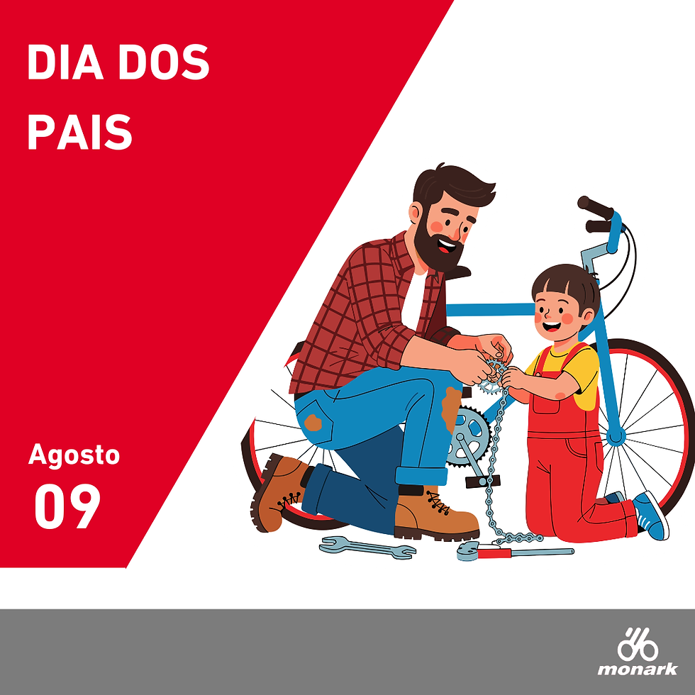 Post de Dia dos Pais da Bicicletas Monark SA mostrando pai e filho consertando bicicleta vermelha com ferramentas.
