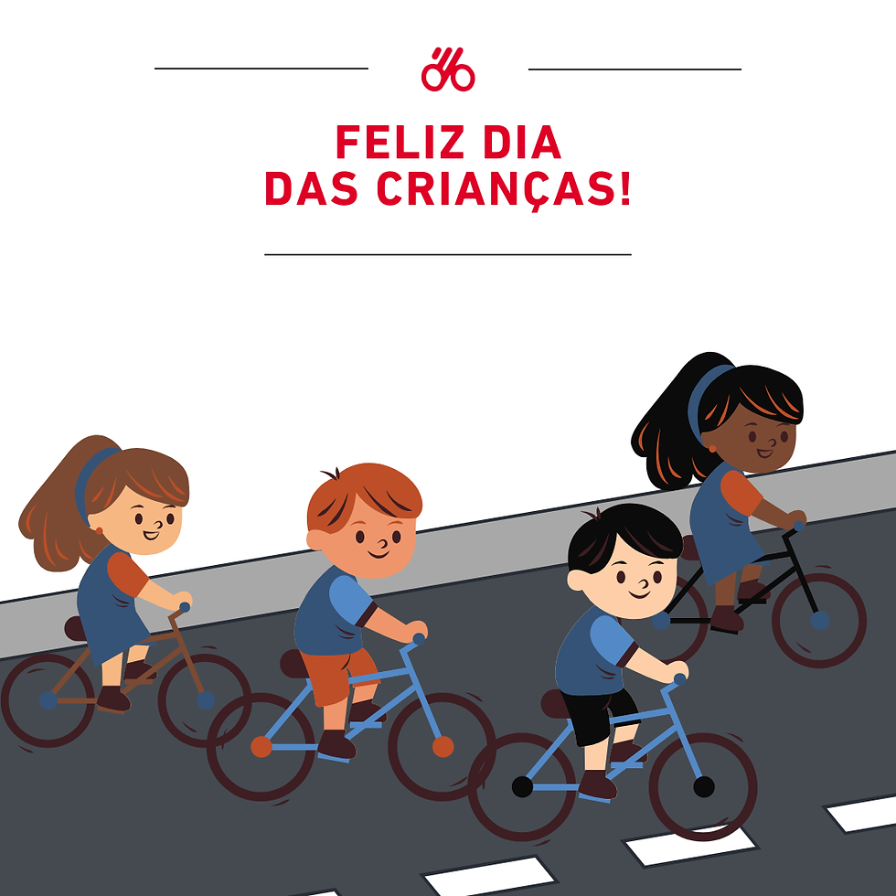 Desenho gráfico de 4 crianças andando de bicicleta em uma rua, e na parte de cima escrito "Feliz Dia das Crianças" e o logo da empresa Bicicletas Monark SA.