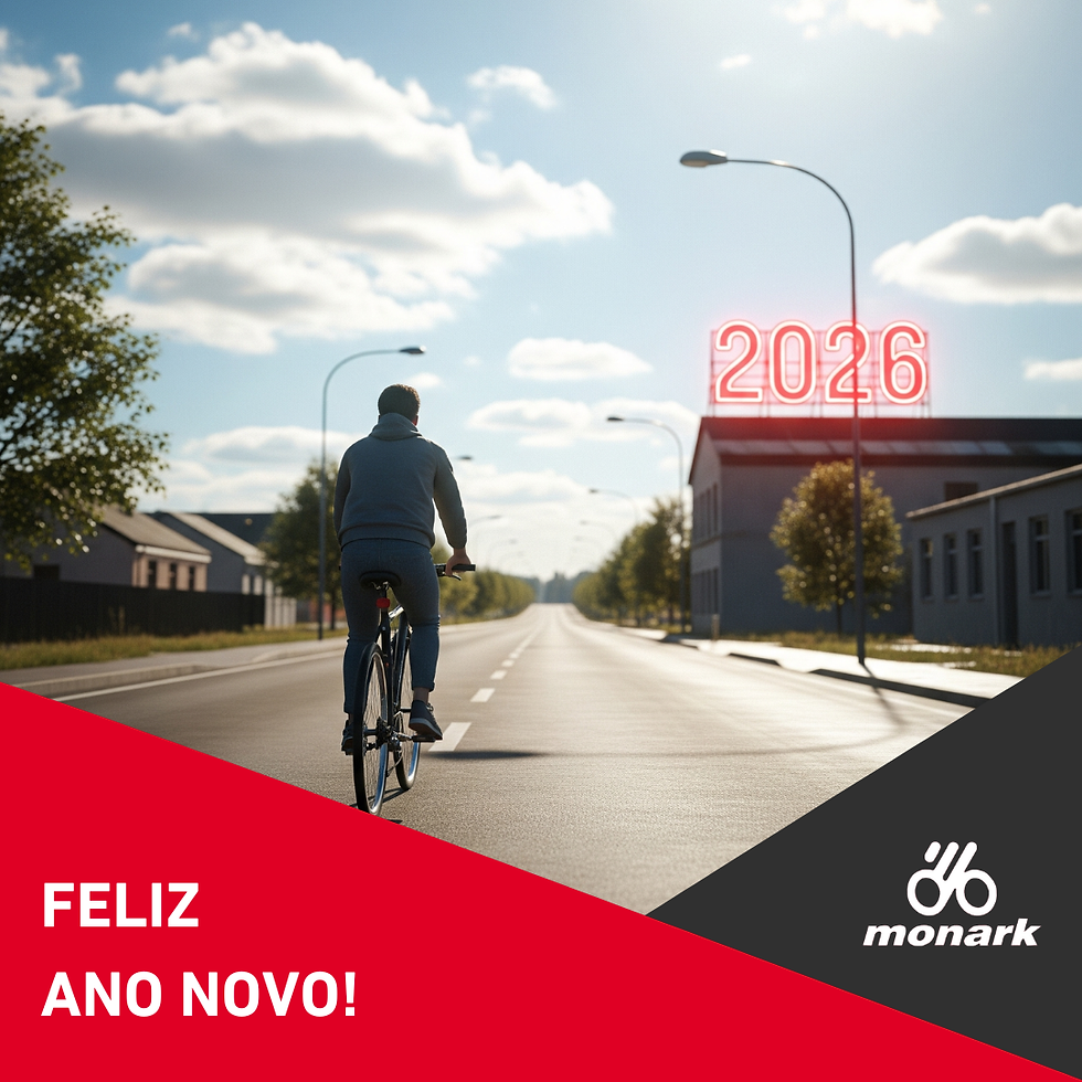 Pessoa andando de bicicleta em rua vazia e ao fundo estabelecimento com painel de led escrito "2026" - na parte de baixo, elementos gráficos nas cores cinza escuro e vermelho com escritas "Feliz Ano Novo!" e logo da empresa Bicicletas Monark SA em branco