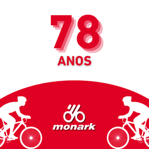 Post celebrando aniversário da empresa Bicicletas Monark SA, com ciclistas em silhueta branca sobre fundo vermelho. Texto: "78 anos" em vermelho e sombra. Logotipo da Bicicletas Monark  SA no centro.