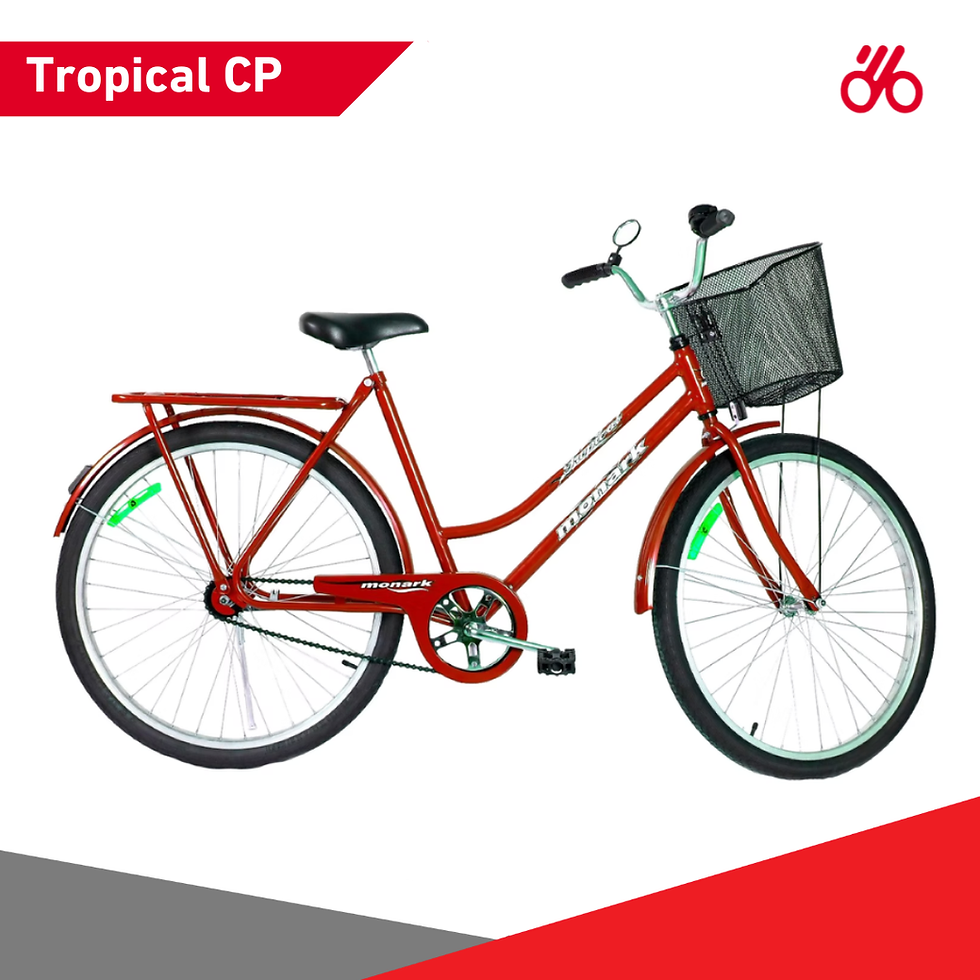 Bicicleta Monark Tropical CP vermelha. Texto Tropical CP no topo esquerdo. Fundo branco com detalhes em vermelho e cinza.