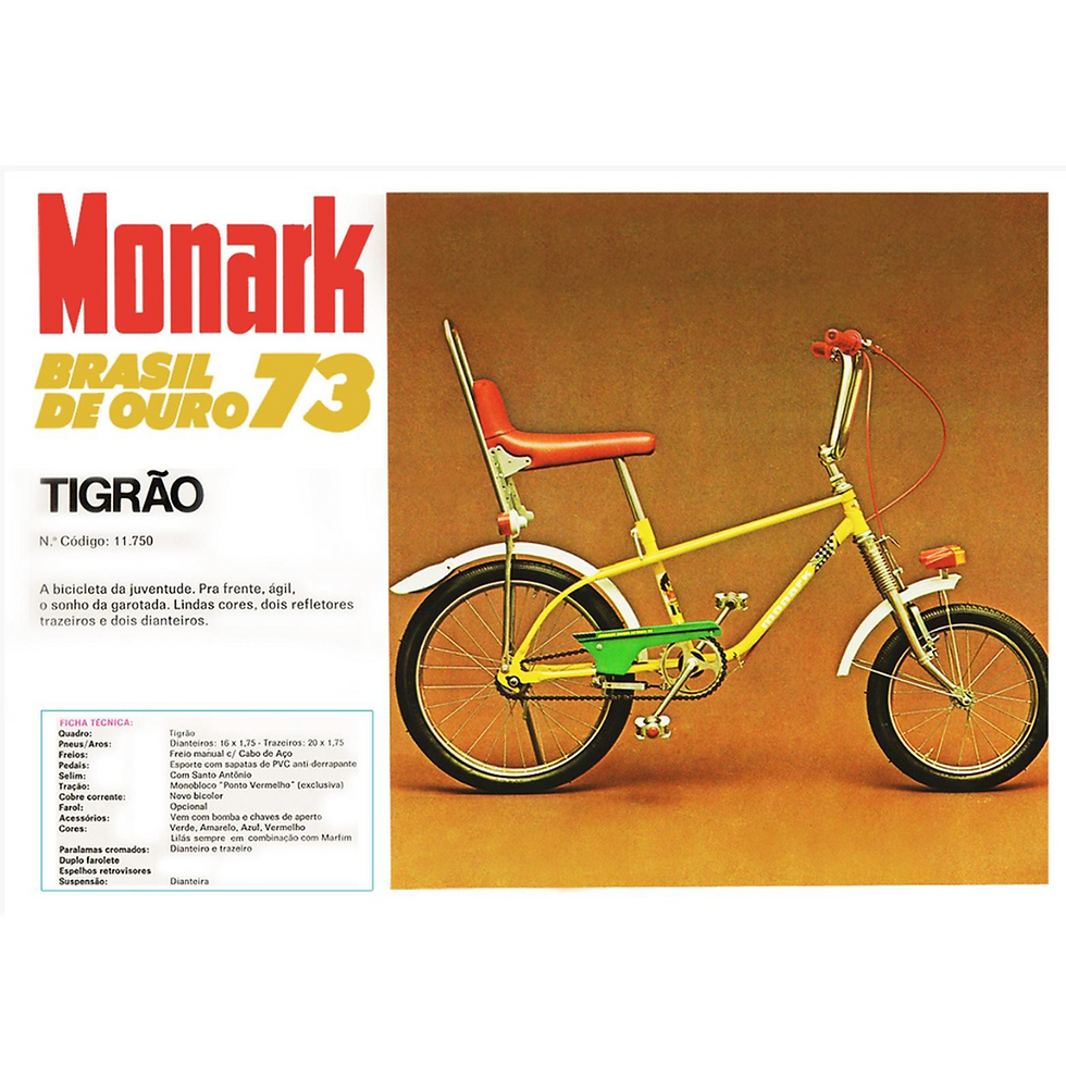Modelo de Bicicleta Monark Tigrão amarela, verde, vermelha e branca com informações e logo antigo da Bicicletas Monark SA