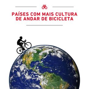 Silhueta de ciclista sobre a Terra, com título em vermelho Países com mais cultura de andar de bicicleta, fundo branco e logo da Bicicletas Monark SA.