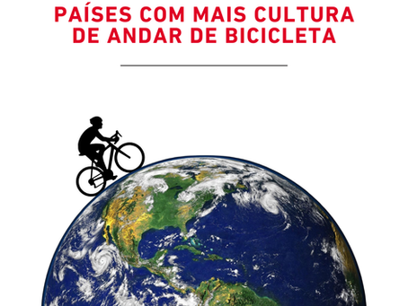 Silhueta de ciclista sobre a Terra, com título em vermelho Países com mais cultura de andar de bicicleta, fundo branco e logo da Bicicletas Monark SA.