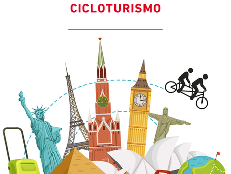 Imagem de Cicloturismo com ciclistas, marcos turísticos mundiais, malas e globo, sobre fundo branco e logo da Bicicletas Monark SA