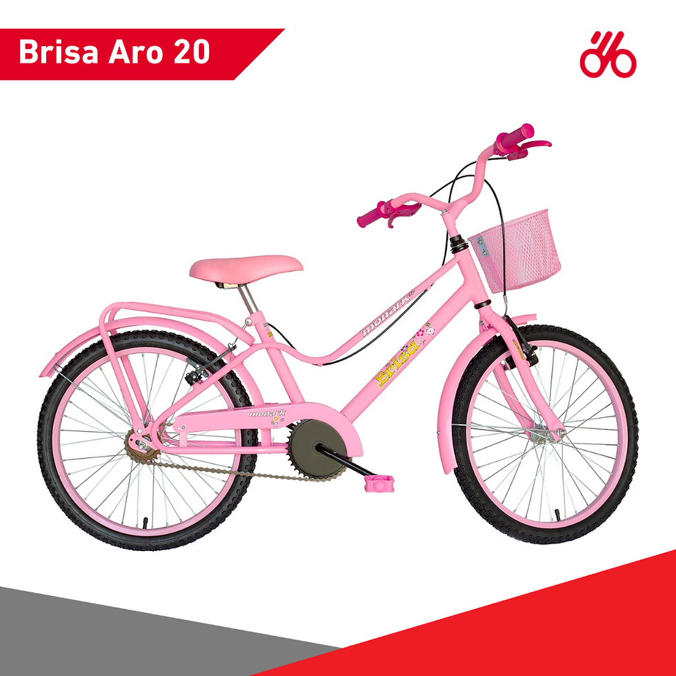 Modelo de bicicleta Monark Brisa Aro 20 na cor rosa em fundo branco com elementos gráficos e logo da empresa Bicicletas Monark SA