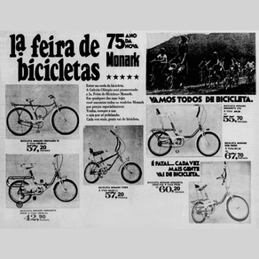 Feira de bicicletas Monark. Imagem com vários modelos, preços e fotos de ciclistas. Texto: "Vamos todos de bicicleta", promoção na Galeria Olímpio.