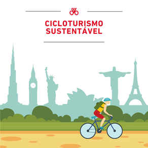 Post da Bicicletas Monark SA com ilustração de ciclista com mochila pedalando diante de construções mundiais marcantes; texto Cicloturismo Sustentável em vermelho.