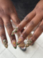 Olive Green Checkerboard Almond Nails with Gold Butterfly Accents