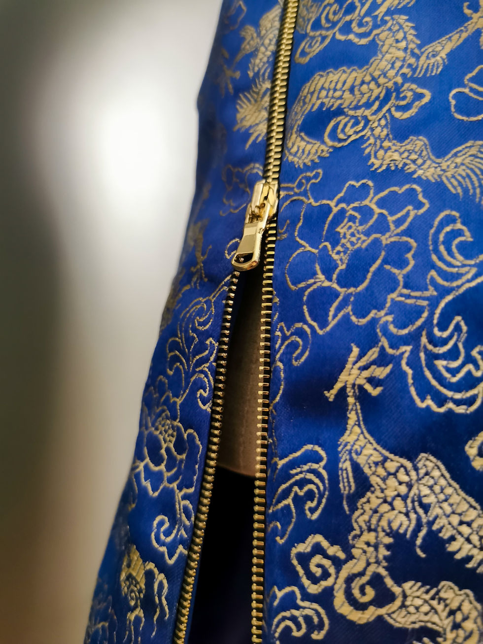 Thumbnail: Modern Blue Denim Qipao with Dragon Brocade Collar & Inserts