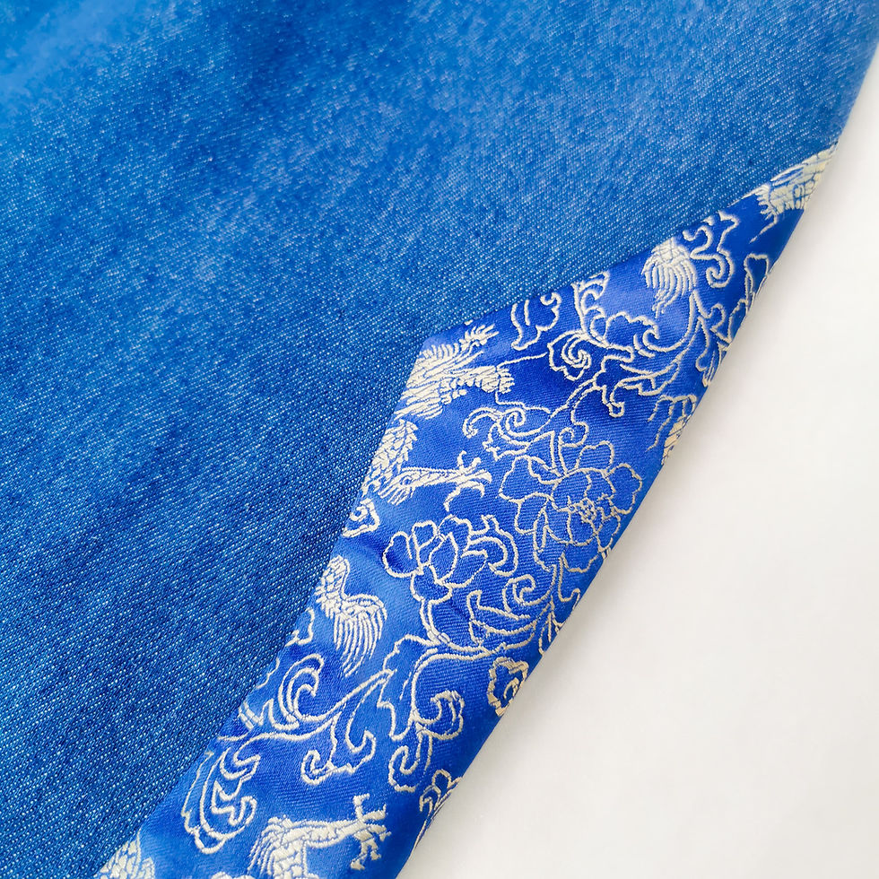 Thumbnail: Modern Blue Denim Qipao with Dragon Brocade Collar & Inserts