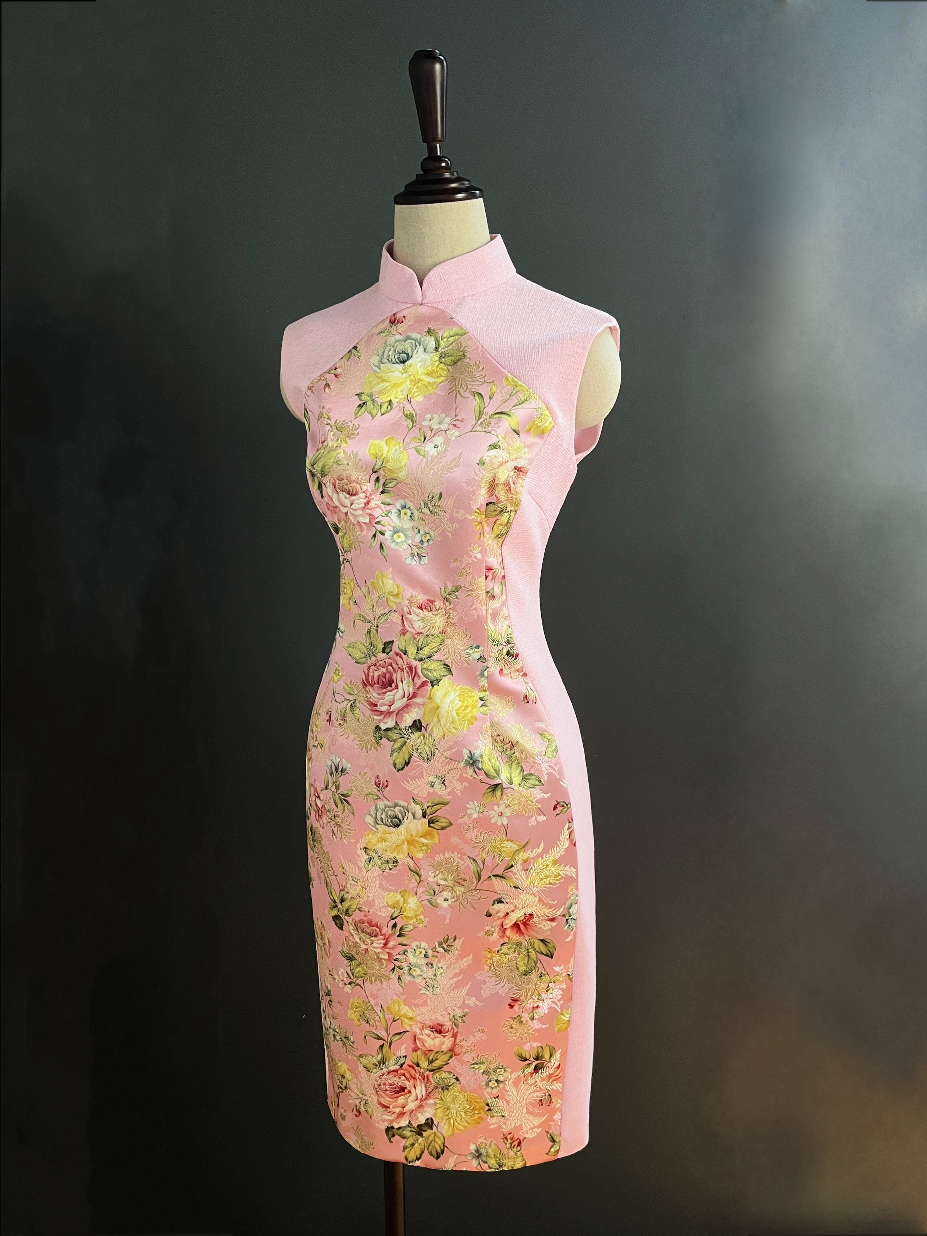 Tweed Qipao with Silk Brocade Front Panel-Pink