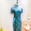 Thumbnail: Soft Lace Qipao with Sleeves in Teal Green