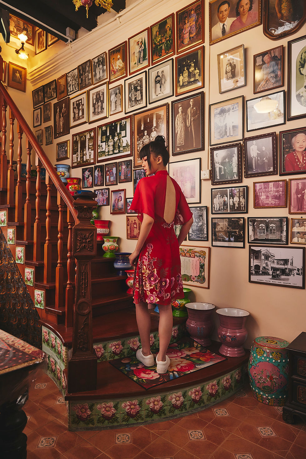 Thumbnail: Floral Silk Chiffon Dress with Sheer Sleeve & Peekaboo bosom in Red