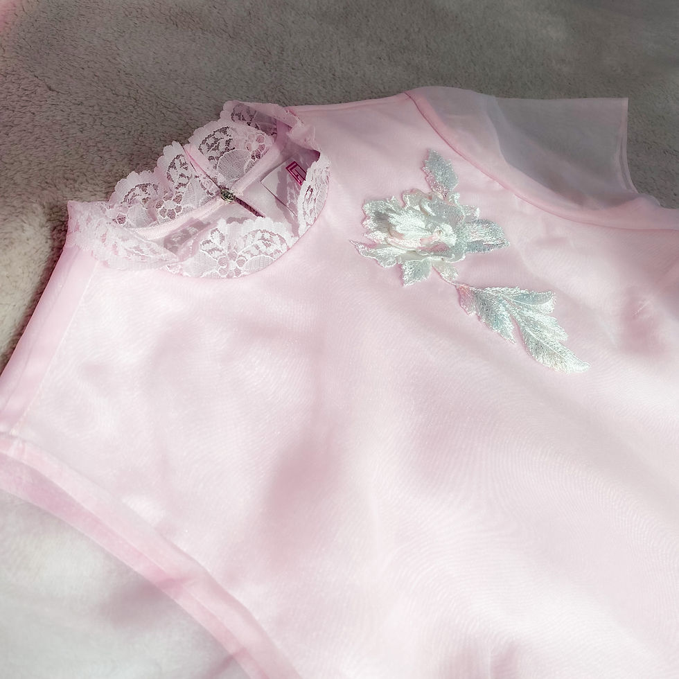 Thumbnail: Silk Top with Lace Collar and Lace Applique in Pretty Pink
