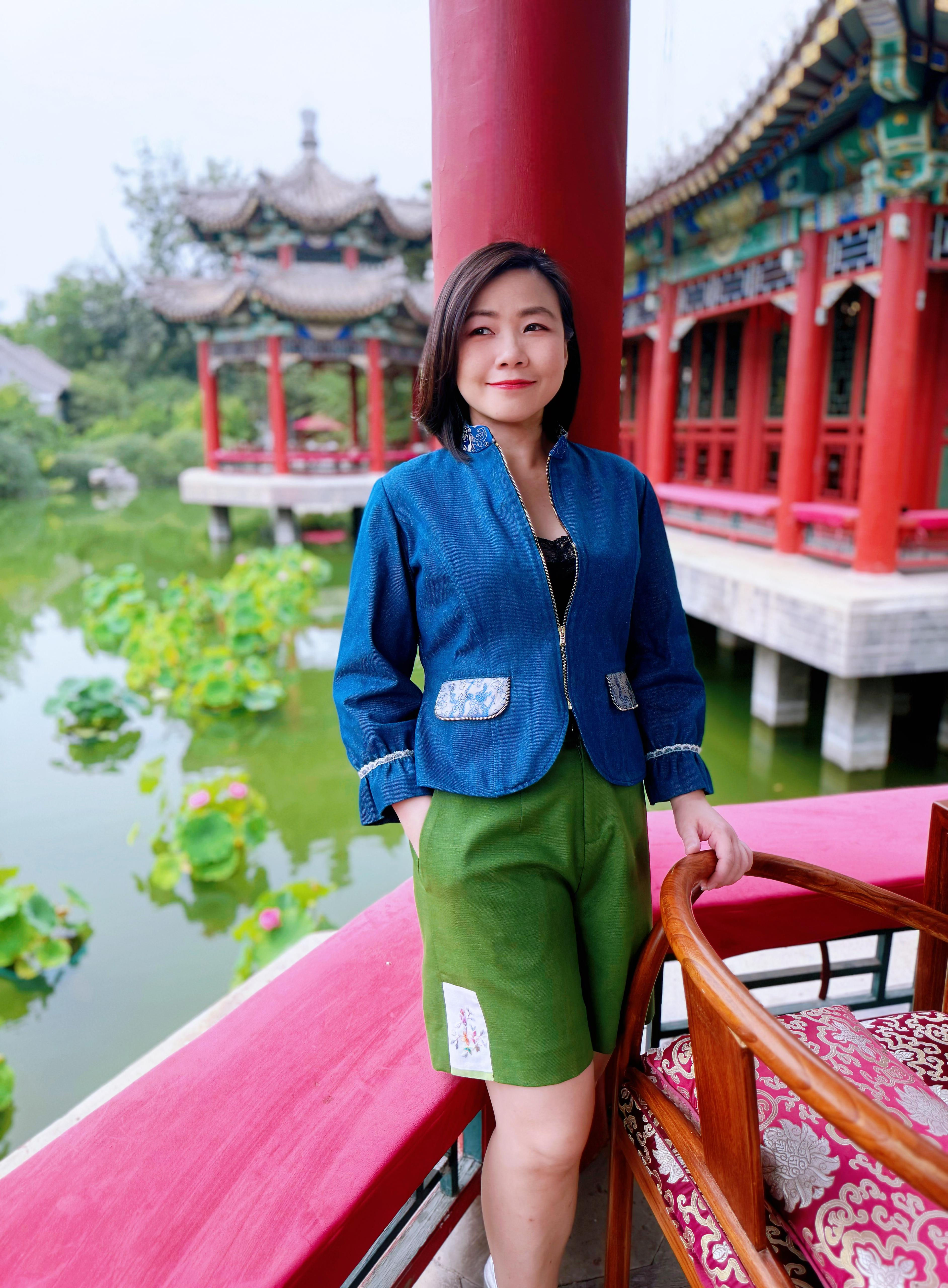 Denim Jacket with Dragon Brocade Collar and Pocket Piped with Plated Zip