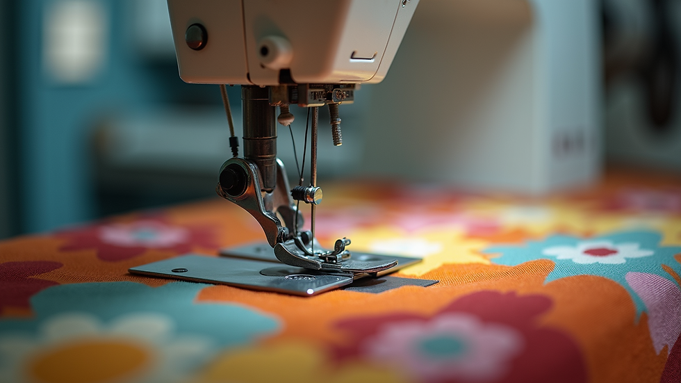 Eye-level view of a sewing machine with colorful fabrics