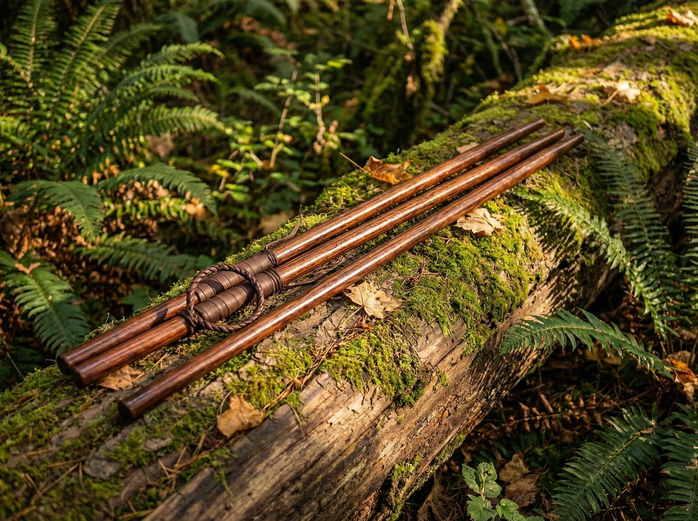 Thumbnail: Hickory Hiking Staff's laying on log in forest