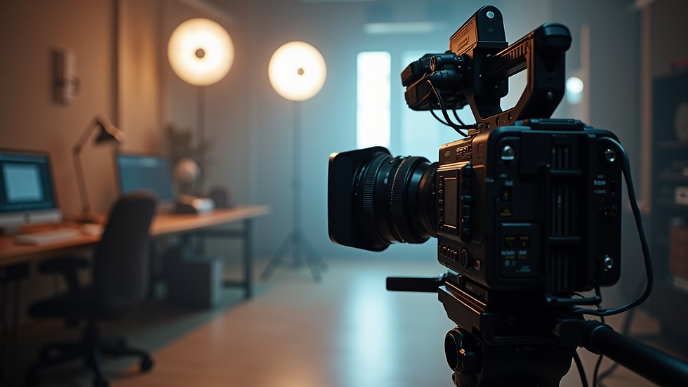 Eye-level view of a professional video camera setup in a studio