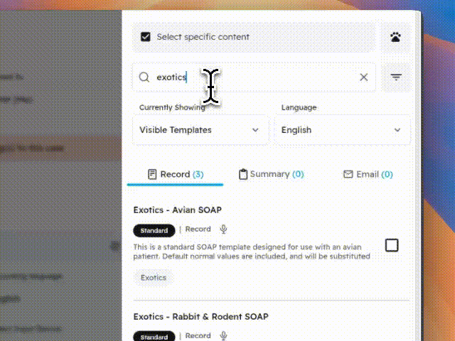 CoVet interface search bar with "exotics" typed. Dropdown showing template options like "Avian SOAP" and "Rabbit & Rodent SOAP." 