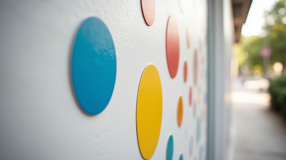 Close-up view of colourful custom decals on a white wall