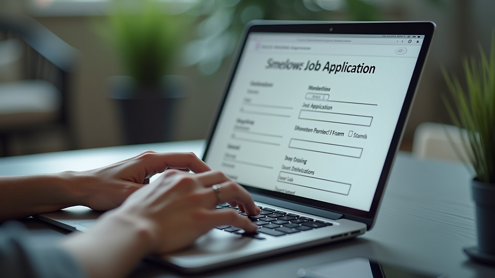 Close-up view of a person typing on a laptop with a job application form on screen