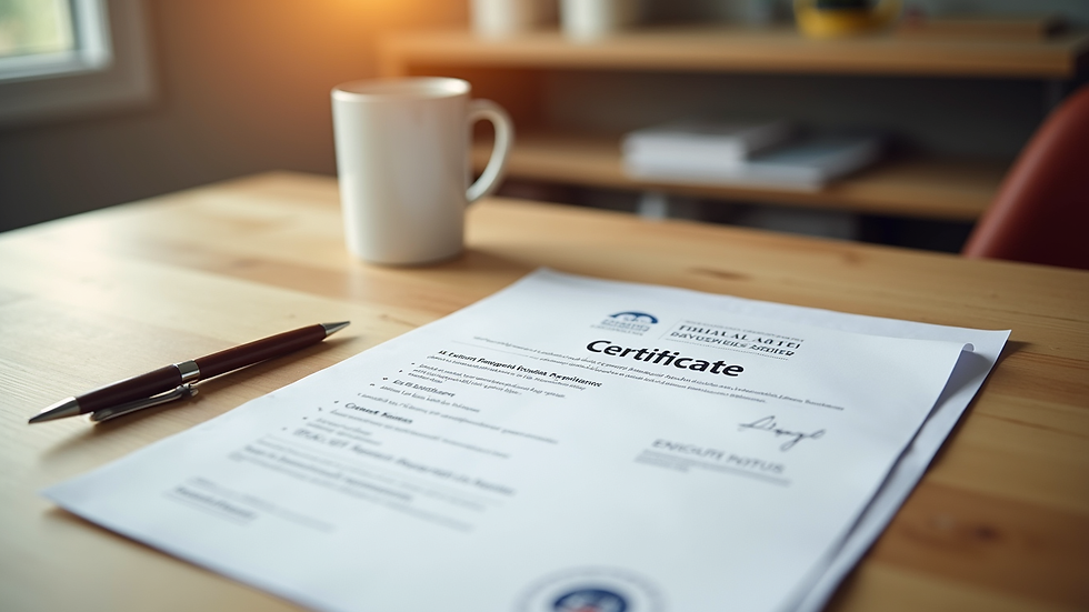 Close-up view of a food safety certificate document on a wooden table