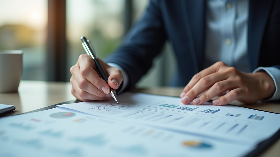 Close-up view of a project manager reviewing PMO documentation