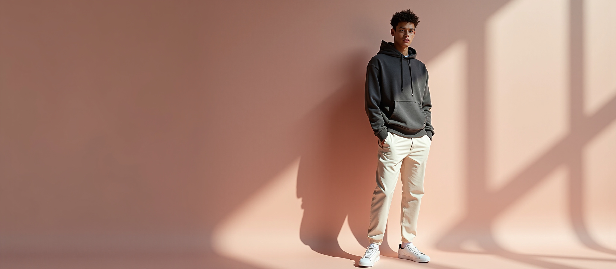 Man in gray hoodie and beige pants