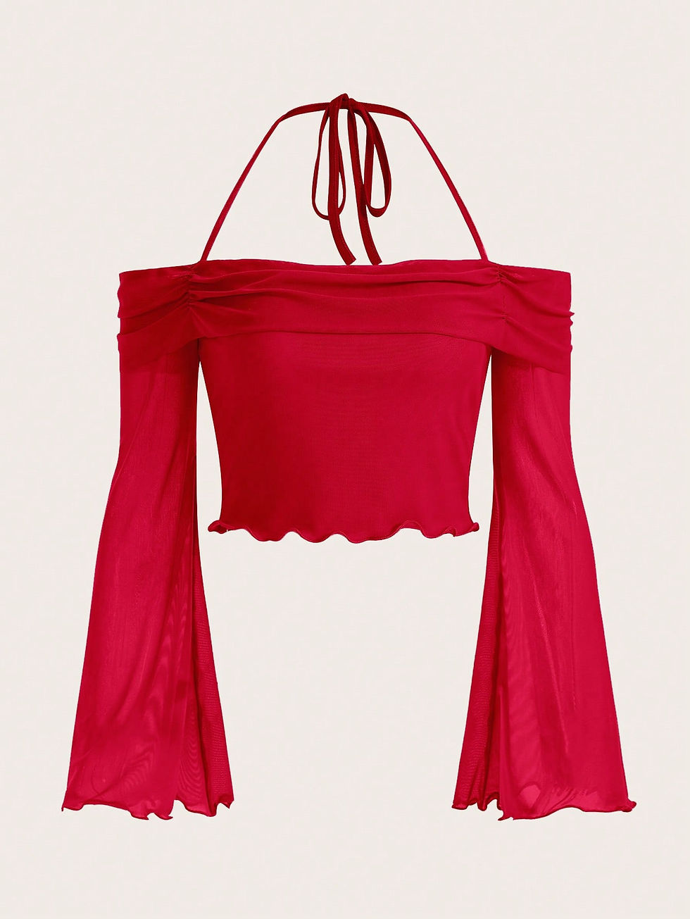 Thumbnail: SHEIN ICON Solid Halter Neck Lettuce Trim Mesh Spring Top