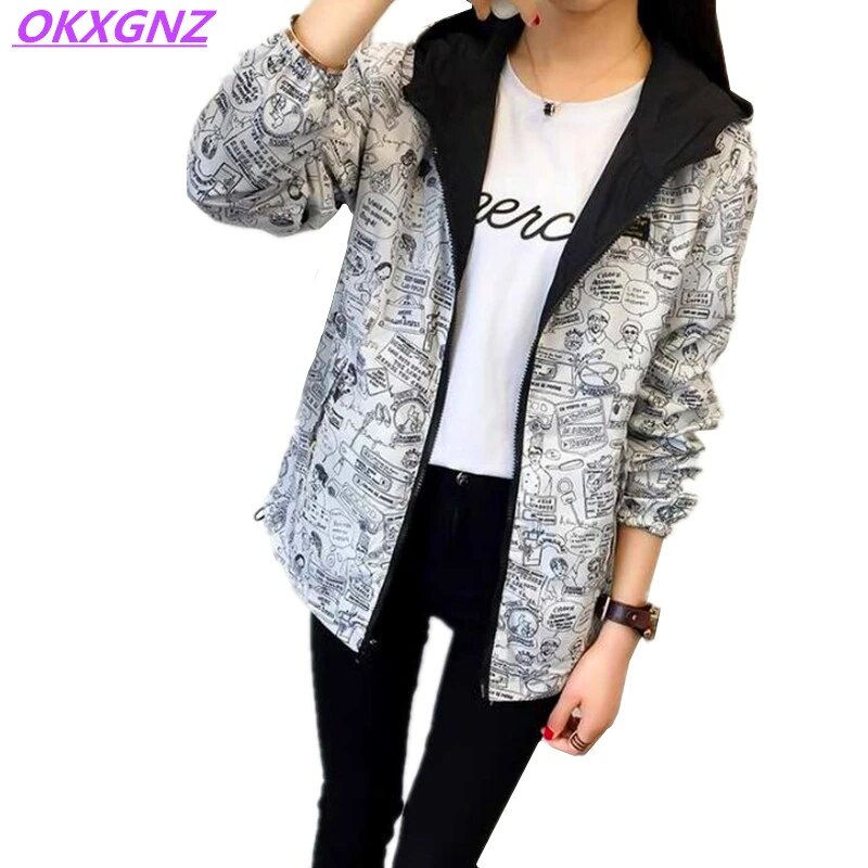 Thumbnail: Women's Basic Jacket Pocket Zipper Hooded Two Side /Cartoon Print Loose Coat