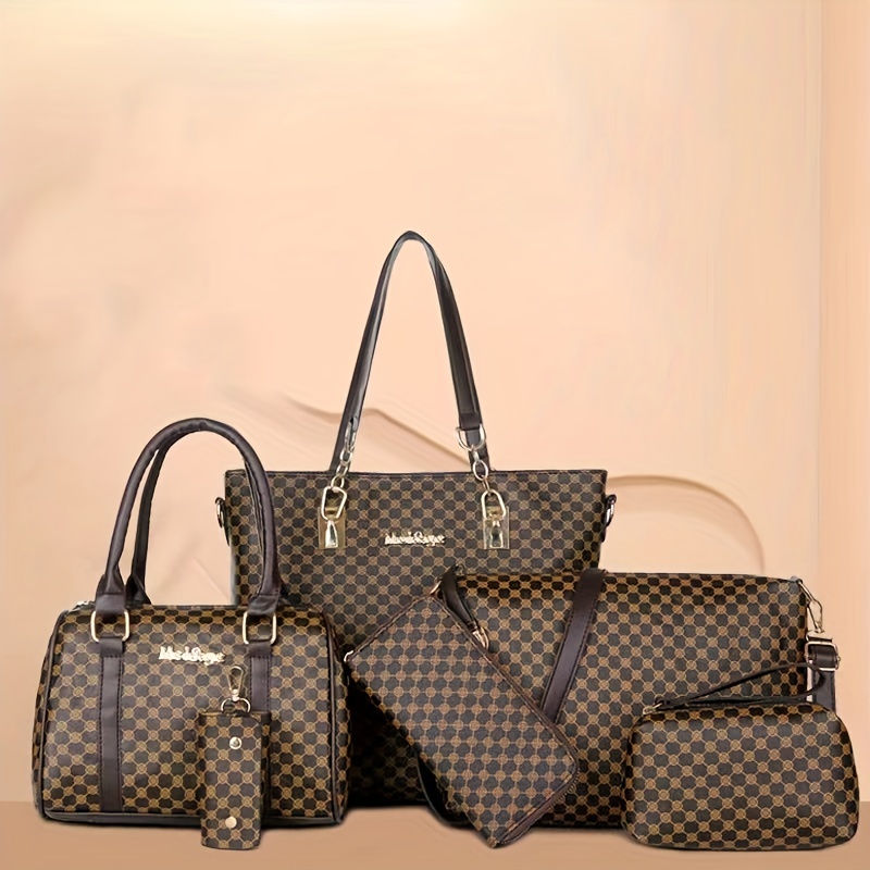 Thumbnail: Women's Bag Set of 6 - Polka-dot Geometric Pattern PU Tote, Shoulder Bag & Acce