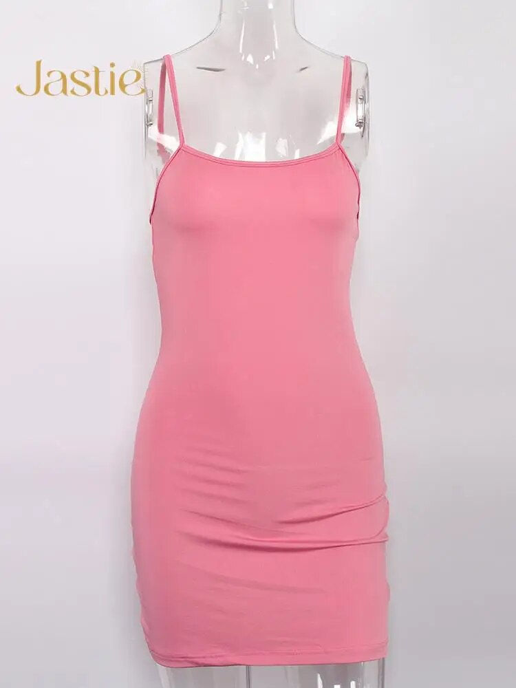 Thumbnail: Jastie 2023 Stretch Mini Slip Dress Candy Colors Slim Knitted Women Dresses