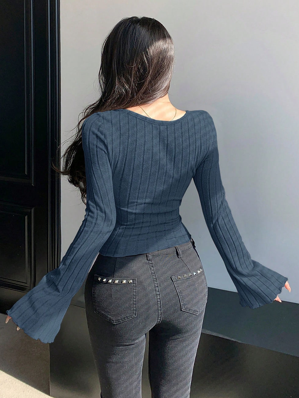 Thumbnail: DAZY Solid Color Ribbed Knitted Cross Hollow Out Long Sleeve T-Shirt