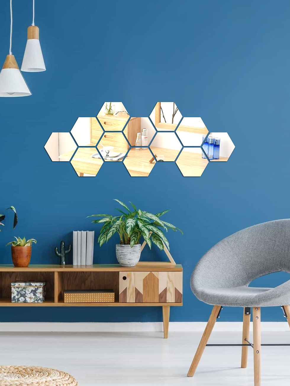 Thumbnail: 12pcs Mirror Wall Stickers, Hexagon Wall Art Stickers, DIY Household Decorative