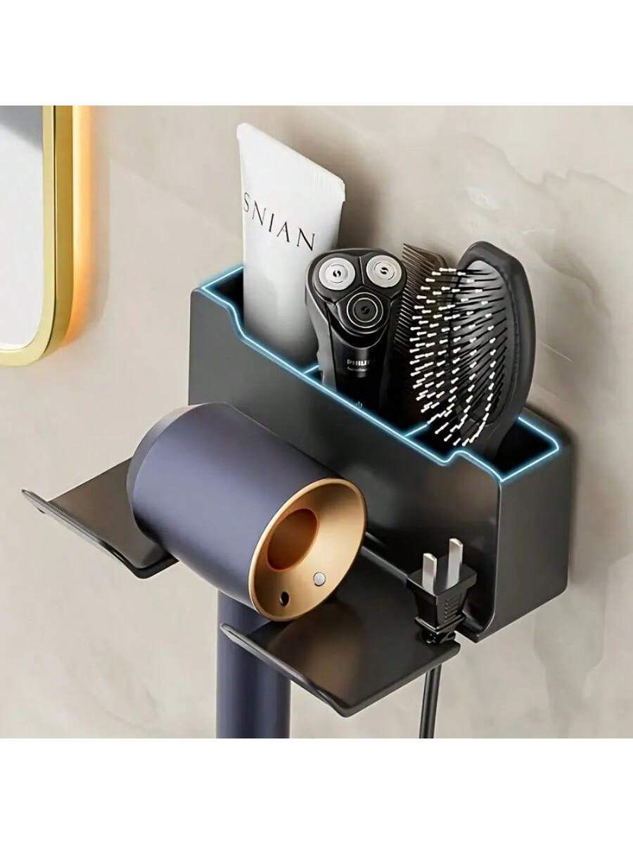 Thumbnail: 1pc Modern Minimalist Wall-Mounted Hair Dryer Holder Shelf, Without Hand-Held H