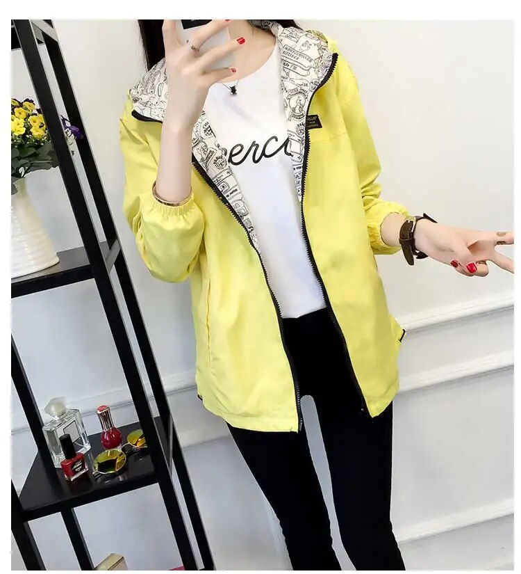 Thumbnail: Women's Basic Jacket Pocket Zipper Hooded Two Side /Cartoon Print Loose Coat