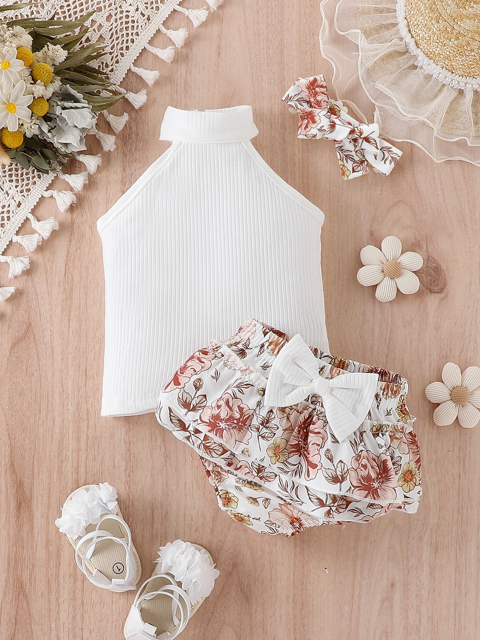 Thumbnail: Baby Girl Rib-Knit Halter Top & Floral Print Bow Front Shorts