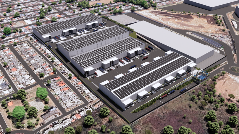 Vista aérea frontal de bodegas logísticas Clase A+ en Villa Nueva