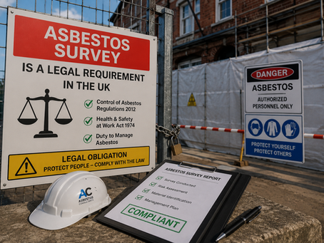 A high-quality 3D photorealistic construction site image illustrating the legal requirement for asbestos surveys in the UK. A large asbestos survey compliance sign is attached to a secured metal fence outside a building undergoing renovation. The sign highlights UK asbestos regulations, legal obligations, and duty-to-manage requirements. In the foreground, a white safety helmet, a clipboard containing an asbestos survey report marked as compliant, and a pen rest on a concrete surface. Background safety barriers, scaffolding, and asbestos warning signs reinforce the theme of workplace safety, regulatory compliance, and asbestos risk management.