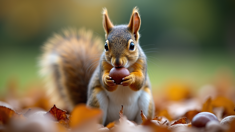 Close-up view of a squirrel nibbling on a nut in a garden