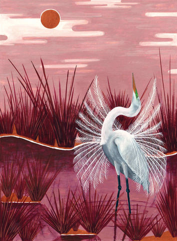 Paysage rose avec un étang, des roseaux, une aigrette parade, illustration peinte à la gouache