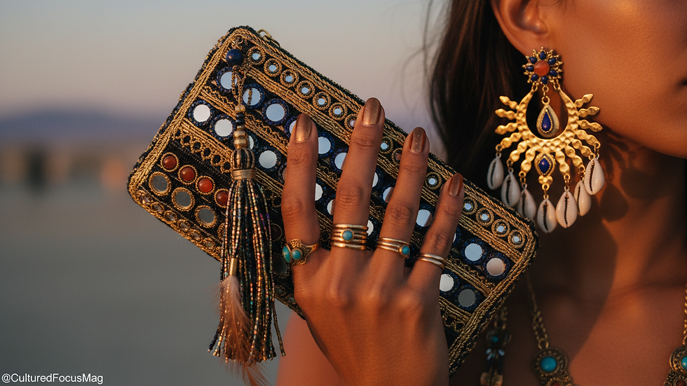 Close-up view of a stylish clutch and statement earrings on a festival attendee