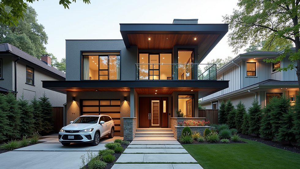 Eye-level view of a modern custom home exterior in a Toronto neighborhood